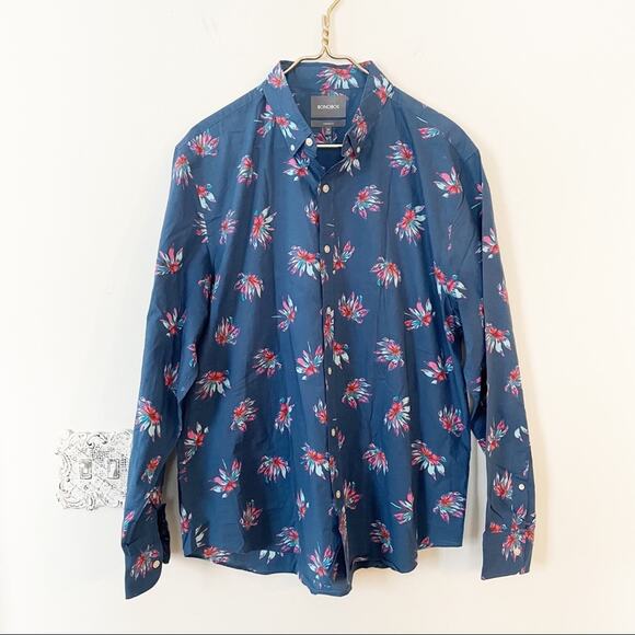 Bonobos Teal Blue Tropical Floral Long Sleeve Button Down Shirt XL - Picture 2 of 6